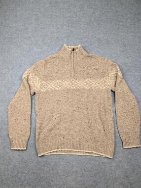 Vintage Express Sweater Womens Large Beige Fair Isle 1/4 Zip Mock Neck Knit Wool